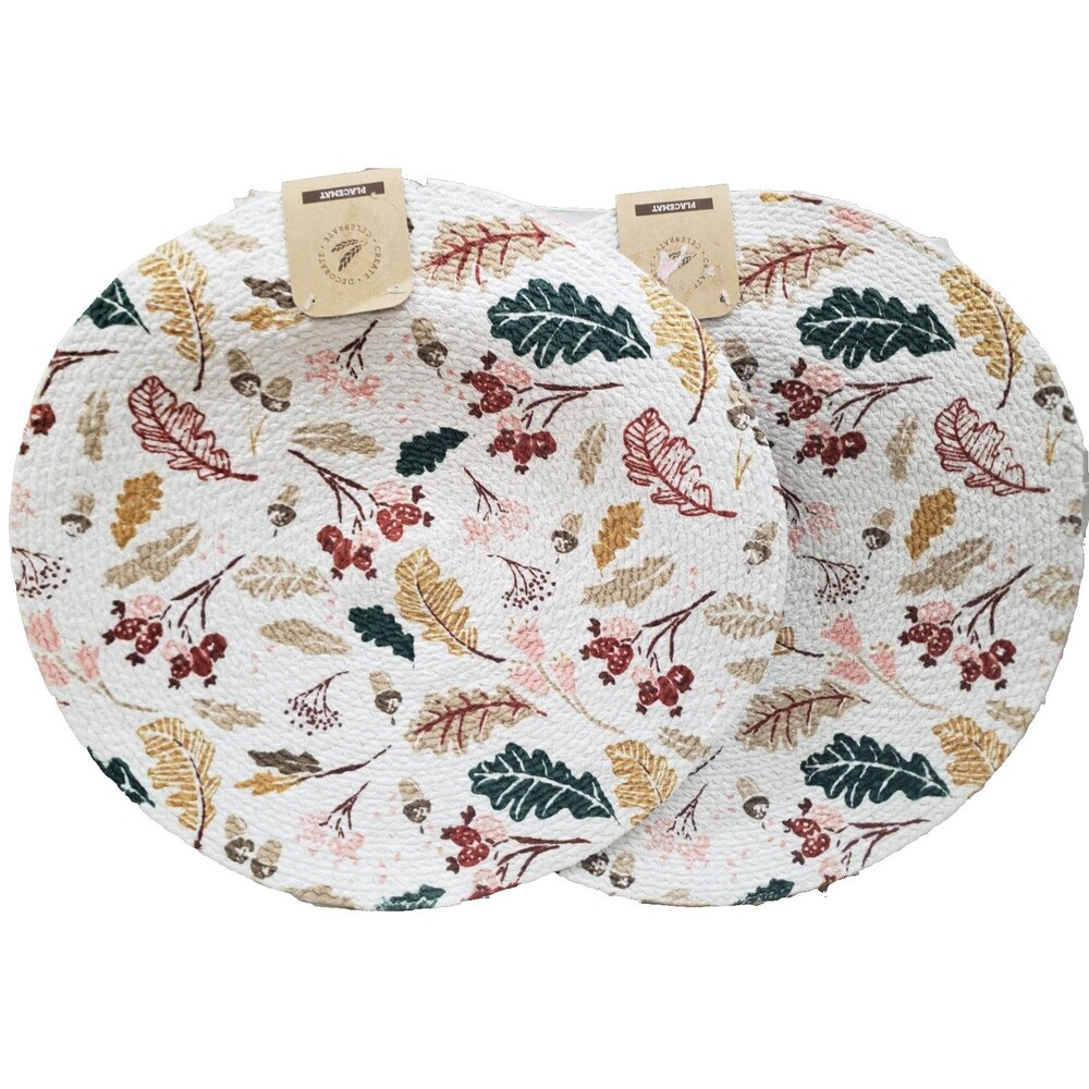 Set of 2 Round Braided Kitchen Placemats (15") FALL HARVEST,LEAVES & ACORNS, WM